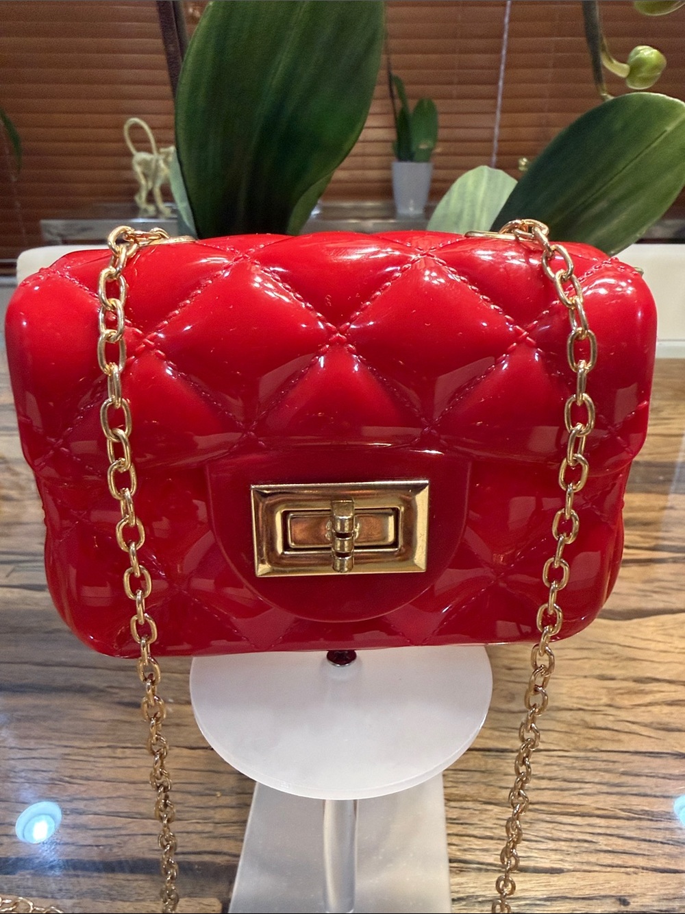 Patent Quilted Red Crossbody Bag with Gold Chain Strap
